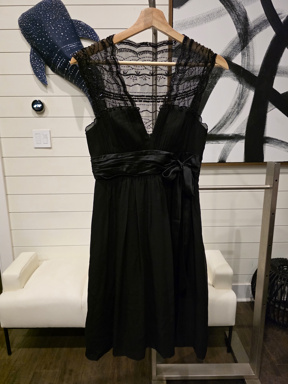 BCBGMaxAzria Black Lace-Back Satin-Waist Mini Dress